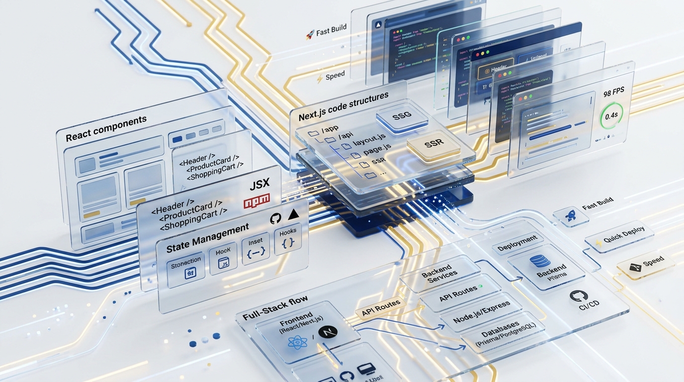3D digital illustration of full-stack React and Next.js web platform architecture
