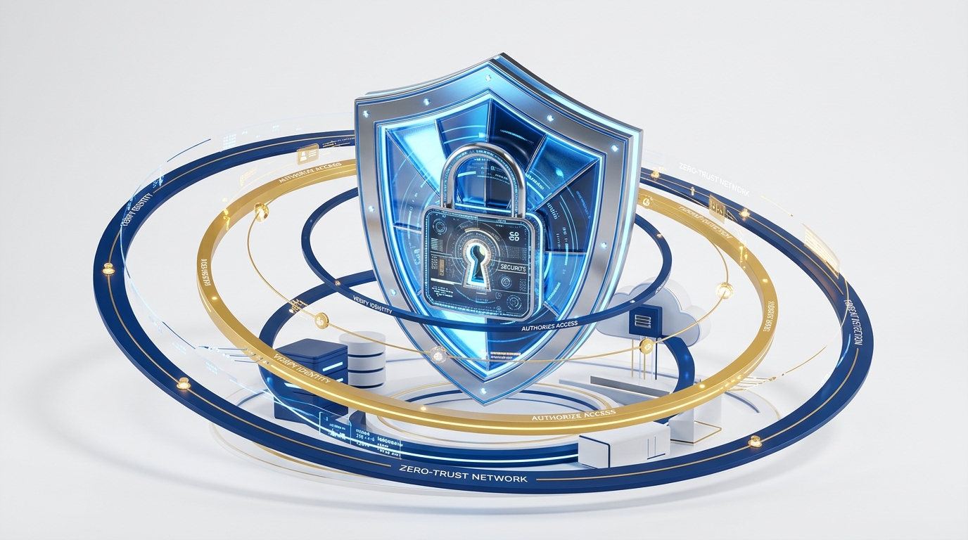 3D digital illustration of cybersecurity shields and enterprise platform scalability