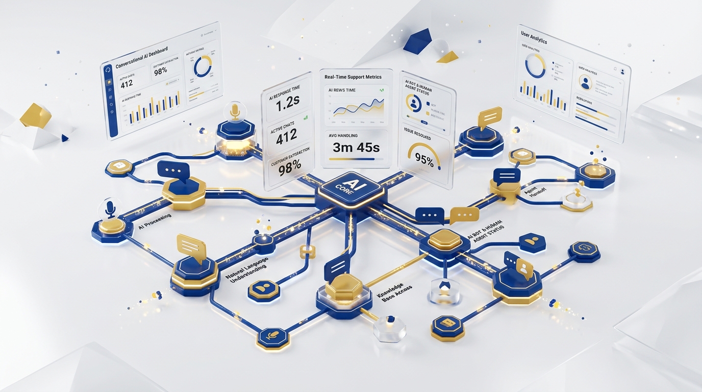 3D digital illustration of conversational AI and automated intelligence pipelines
