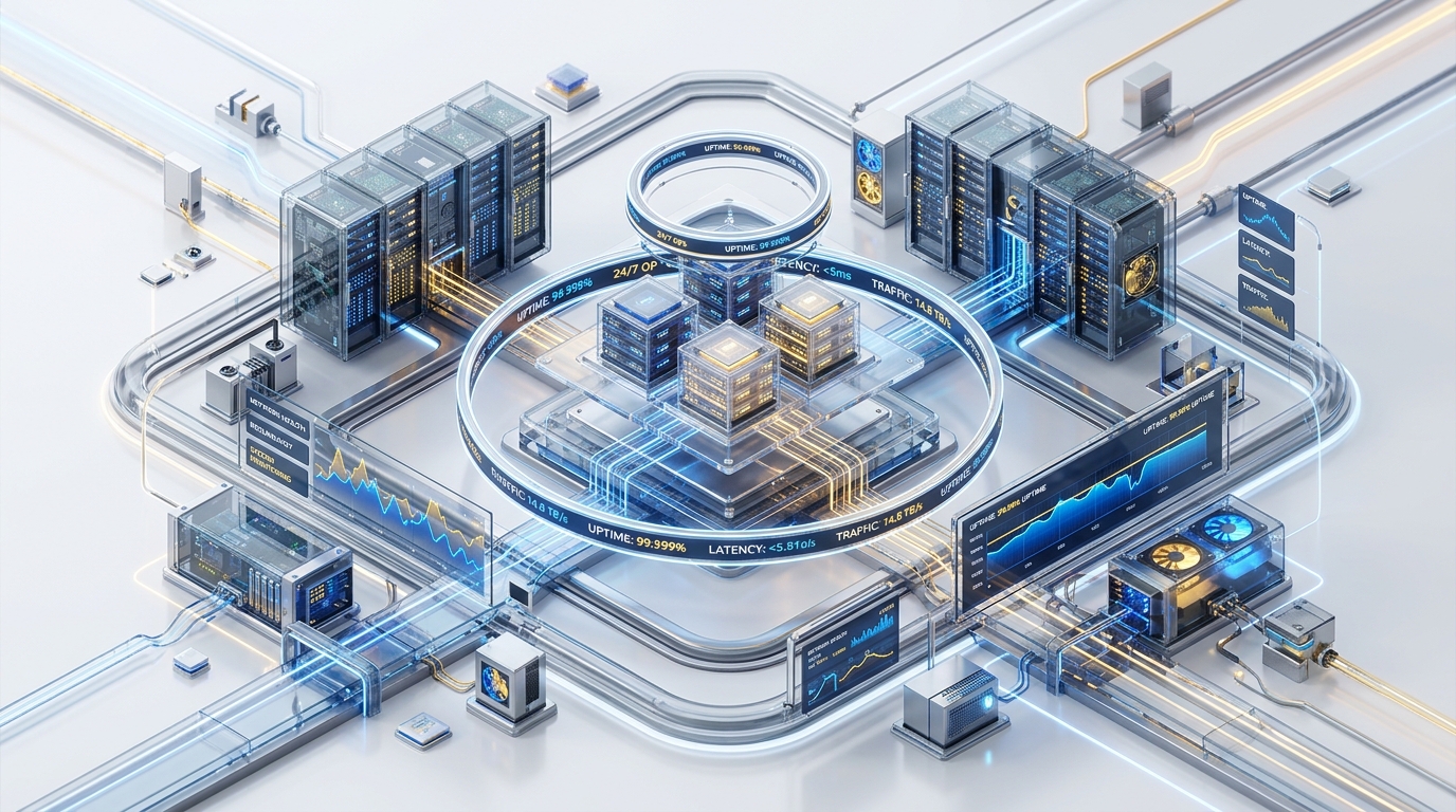 3D isometric render of 24/7 mission-critical cloud server infrastructure and telemetry